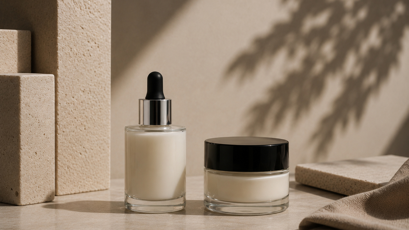 Conjunto de packaging premium para cosmética compuesto por un frasco cuentagotas de vidrio transparente con tetina negra y un tarro de crema de vidrio con tapa negra, presentados en un bodegón minimalista con bloques de piedra texturizada y sombras natura