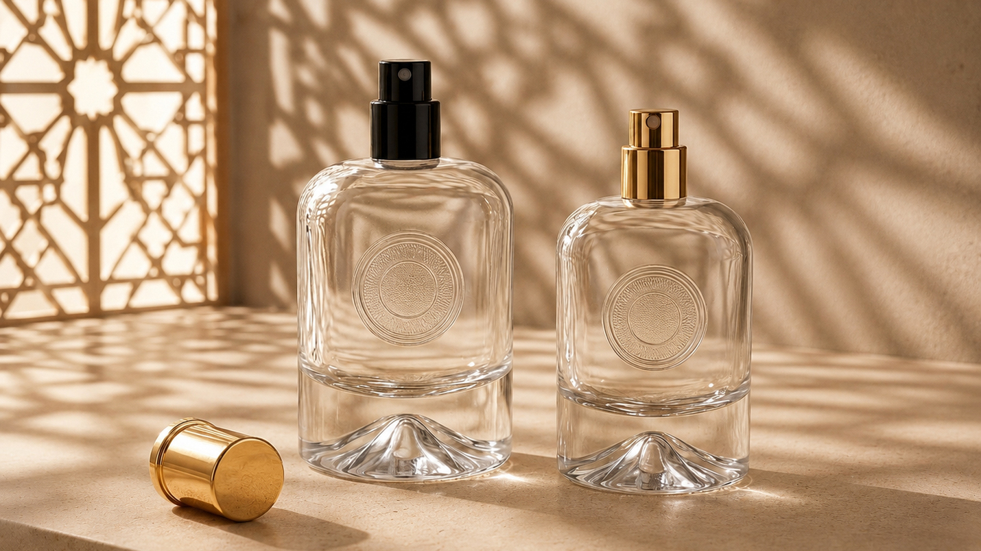 Two clear glass perfume bottles by Rafesa with black and gold sprayers, set against ornate Moroccan-style shadows.