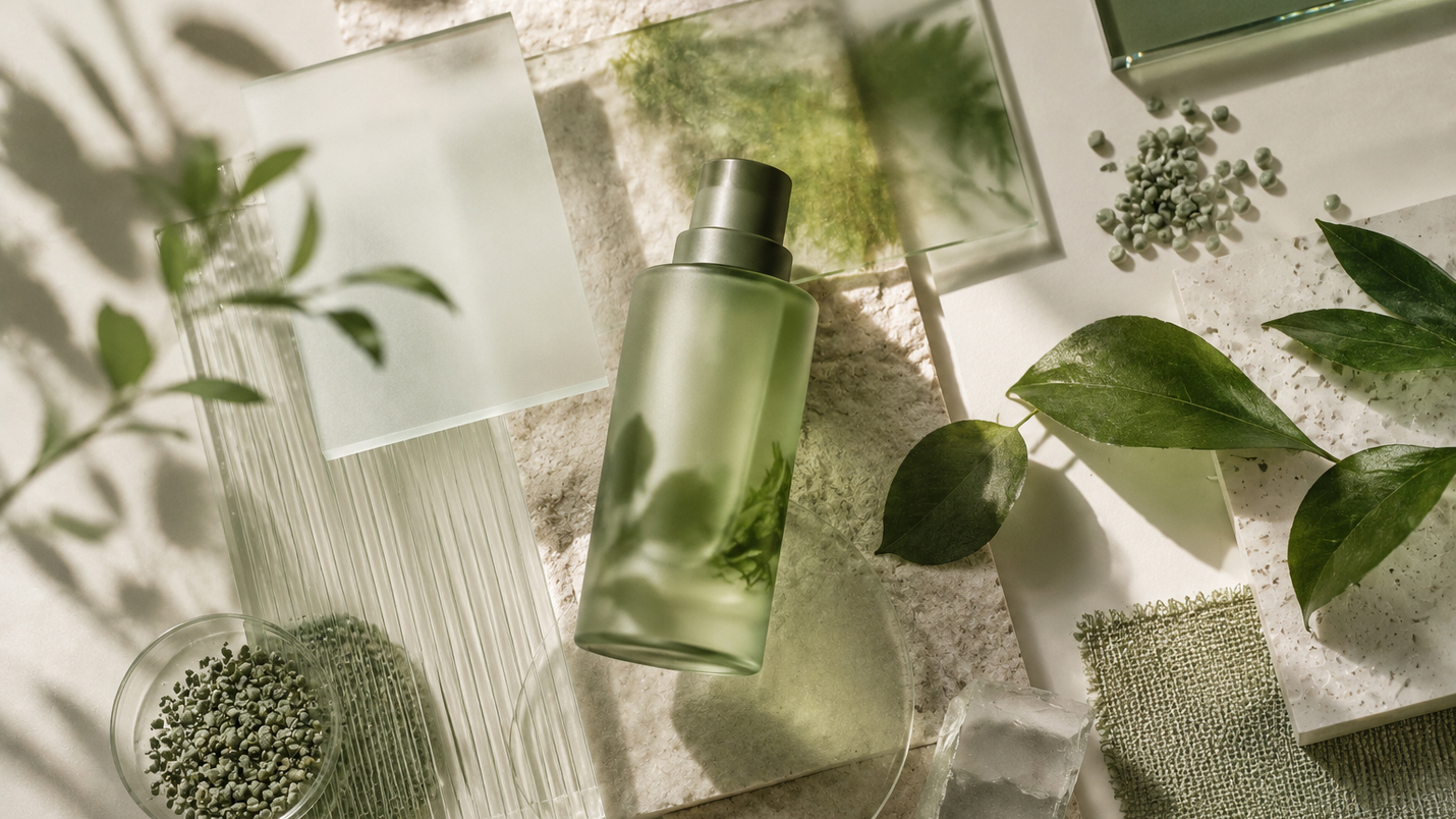 Sustainable cosmetic packaging: green bottle with recycled materials and eco-design.