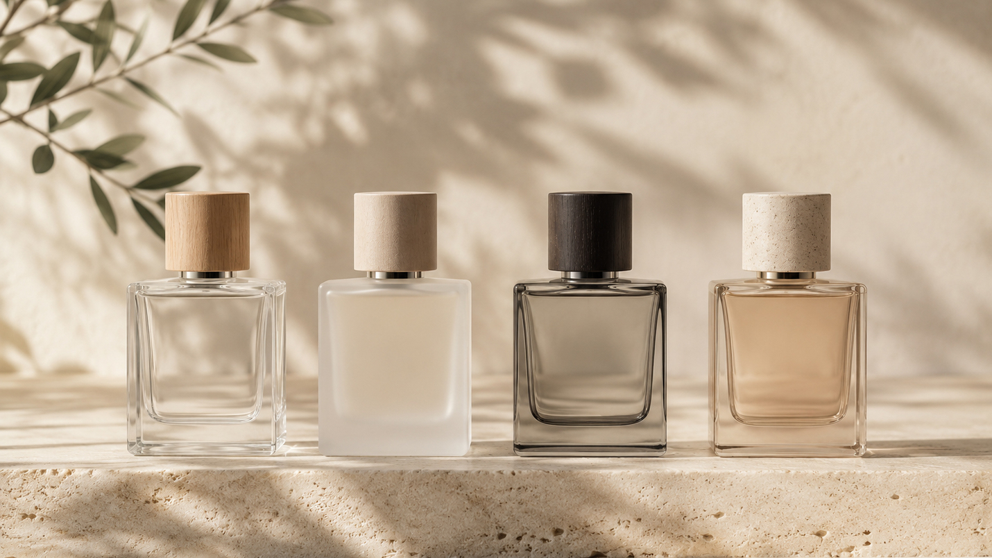 Frascos de perfume de diseño atemporal y geométrico con tapones de madera sobre base de piedra natural.