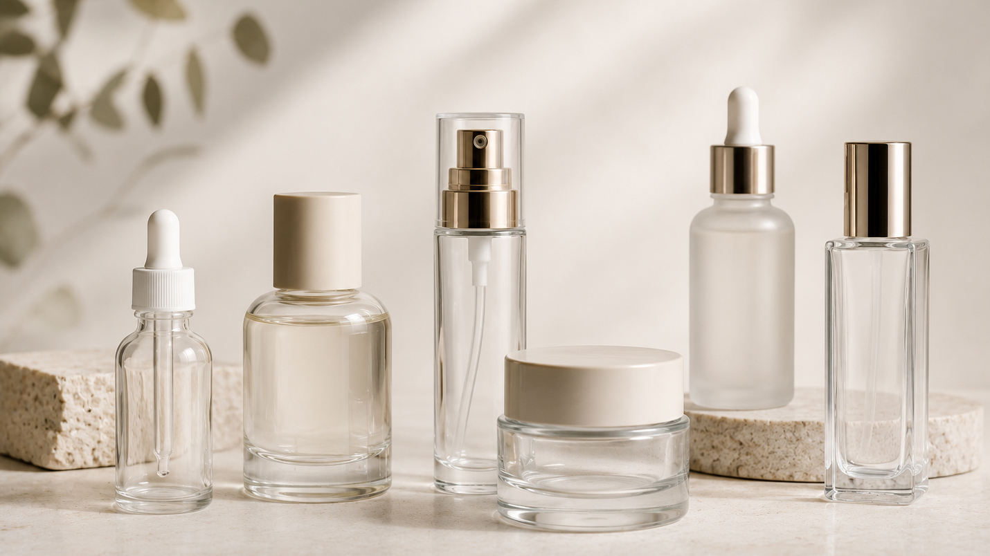 Frascos de perfume y cosméticos de vidrio en una superficie de piedra caliza