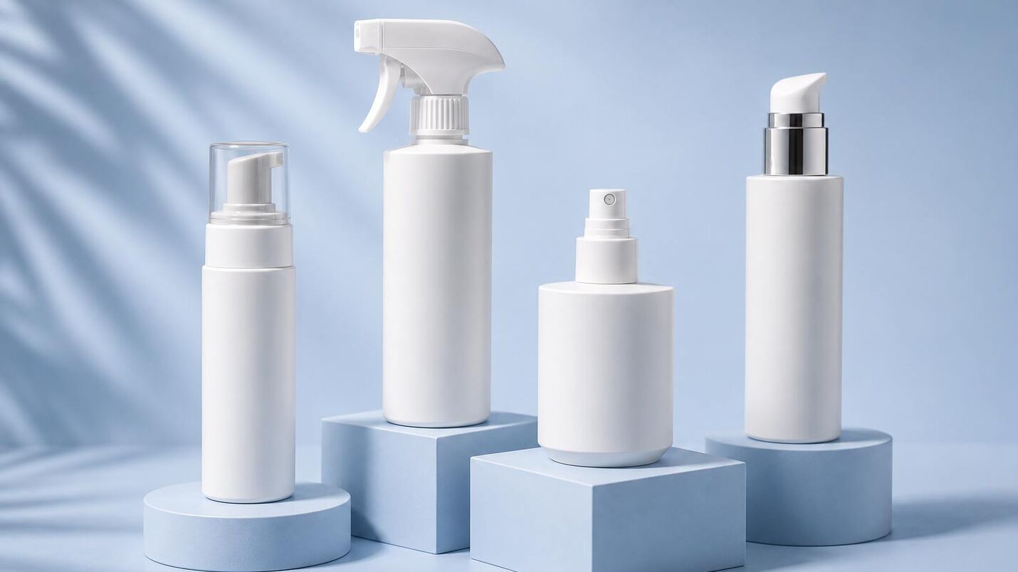 Cuatro tipos de dispensadores cosméticos de Rafesa: pulverizador body mist, bomba lotion pump, pistola trigger y espumador foamer sobre un fondo blanco.