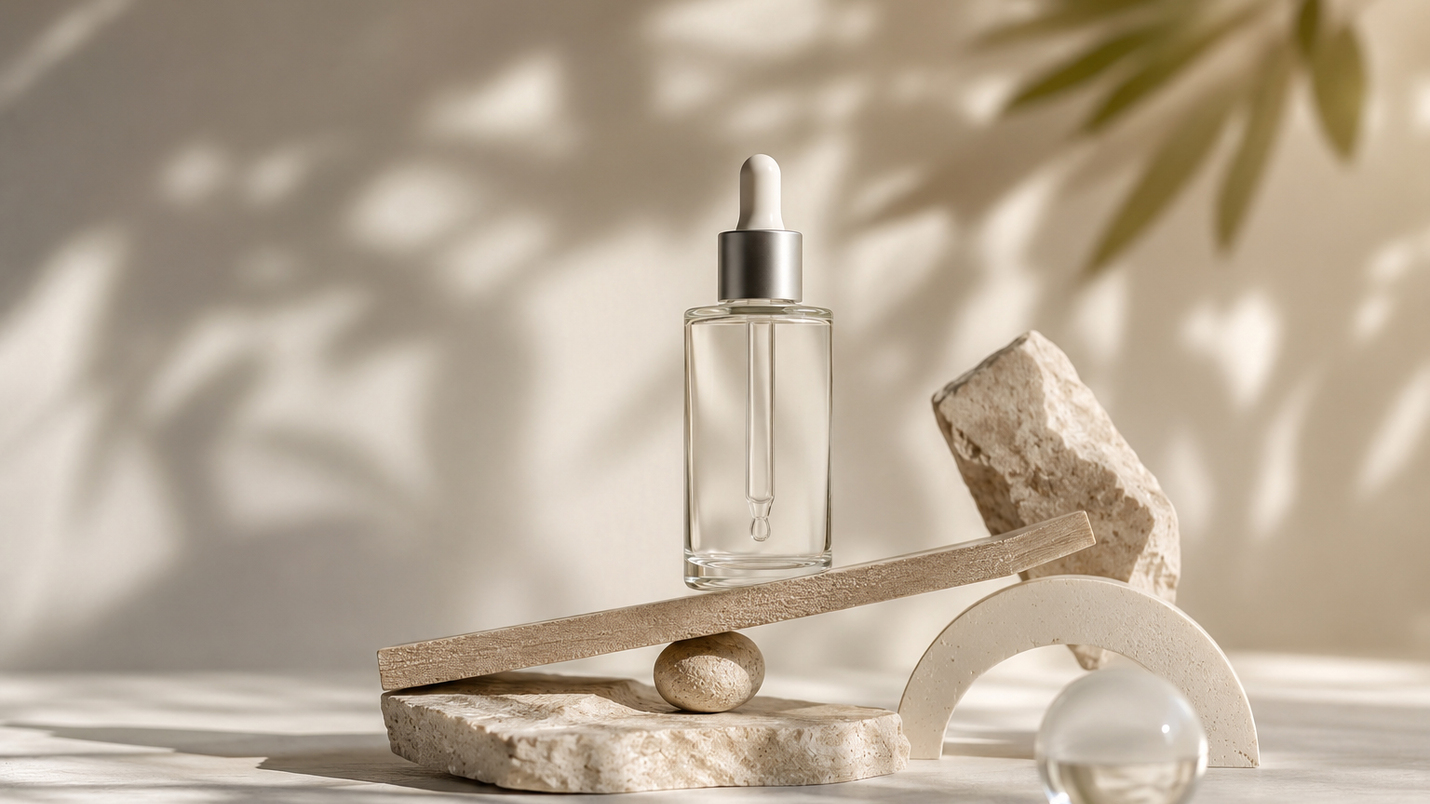 Frasco y tarro de cosmética en vidrio y plástico claro sobre fondo neutro, representación de optimización y reducción de material en packaging.