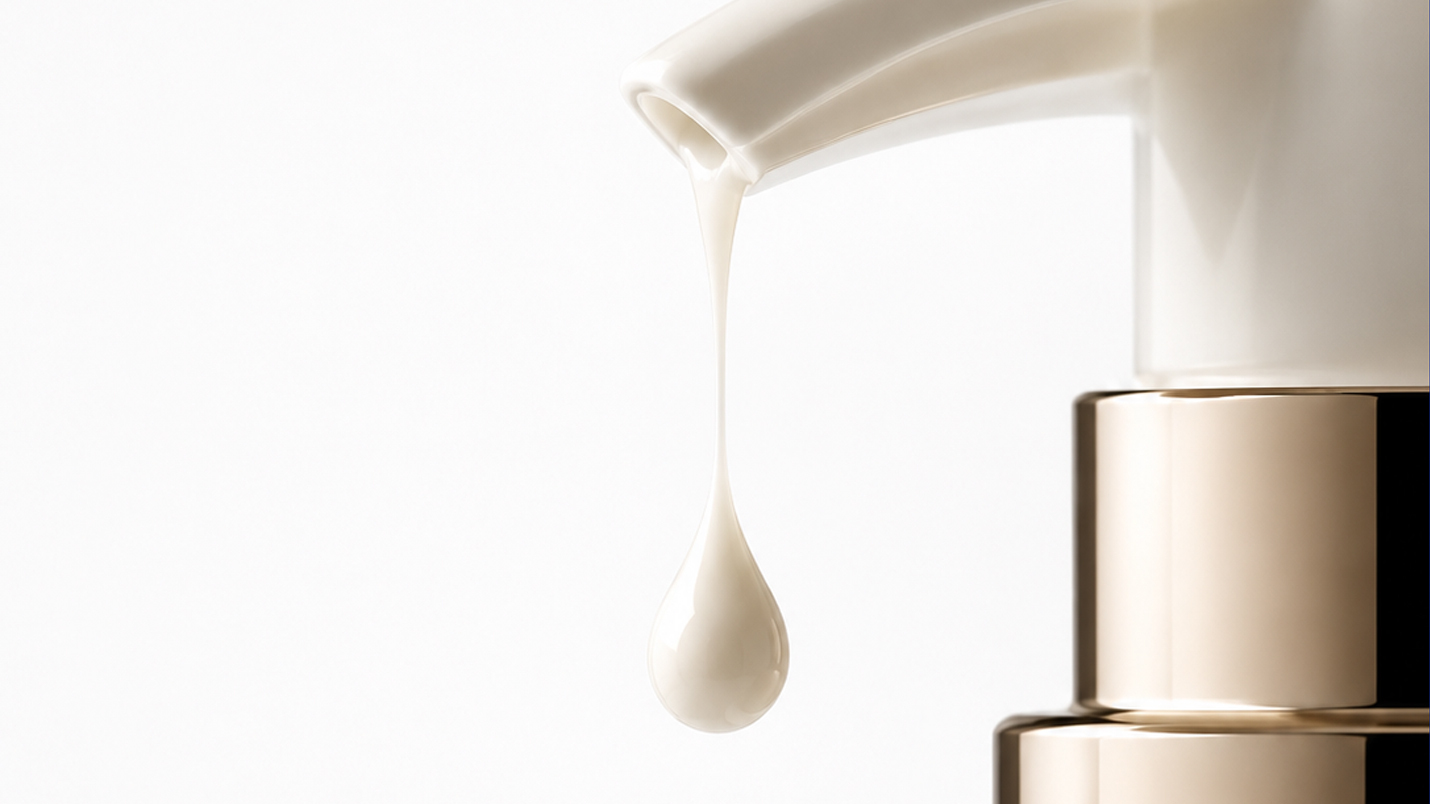 Primer plano de un envase cosmético blanco con bomba dosificadora dorada, dispensando una gota de loción.