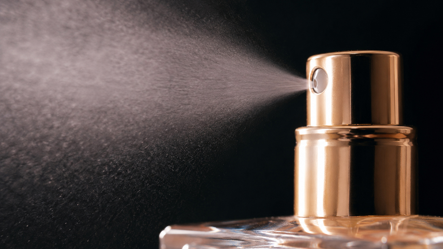 Gros plan sur la pulvérisation fine et homogène d'un parfum via une pompe atomiseur dorée.