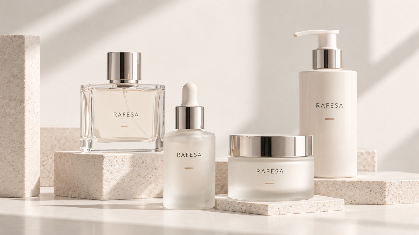 Colección de envases cosméticos a juego de Rafesa con frasco de perfume, sérum con cuentagotas, tarro de crema y botella con bomba dispensadora sobre bloques de piedra.