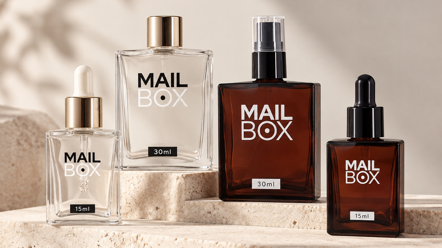 Cuatro frascos planos de la línea Mailbox de Rafesa en vidrio transparente y ámbar con cuentagotas y bomba pulverizadora sobre piedra.