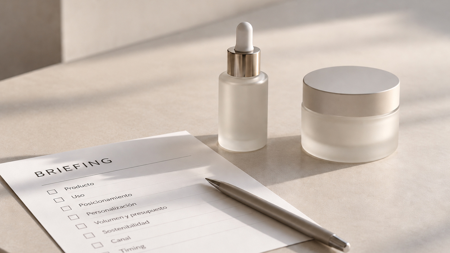 Documento de briefing de packaging cosmético junto a un frasco cuentagotas y un tarro de crema en vidrio mate.