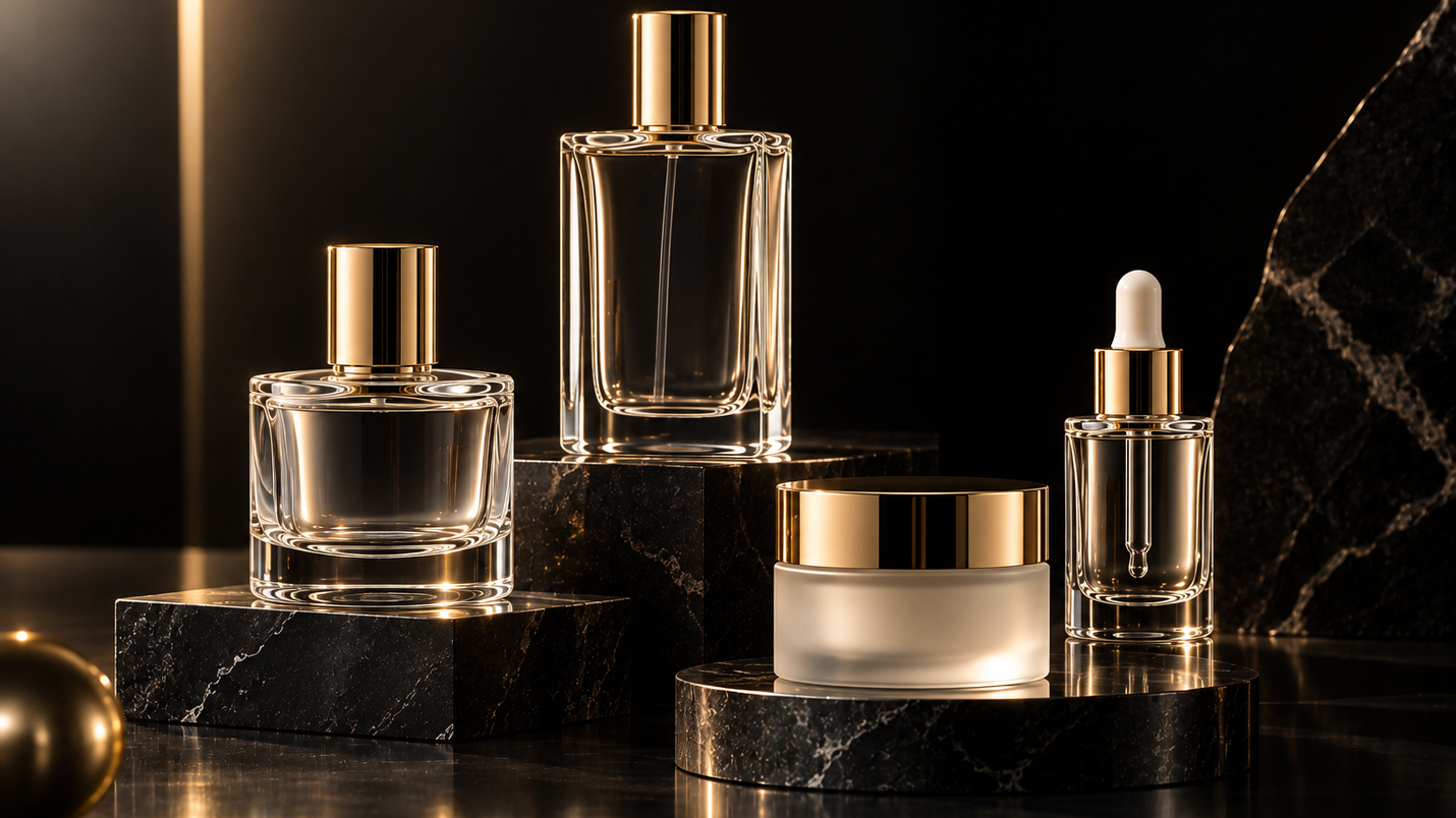 Conjunto de envases de vidrio premium para perfumería y cosmética con acabados dorados sobre peanas de mármol negro.
