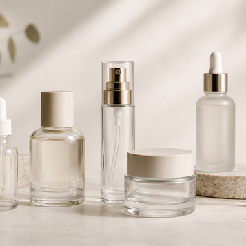 Glass perfume and cosmetic bottles on a limestone surface
