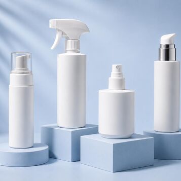 Cuatro tipos de dispensadores cosméticos de Rafesa: pulverizador body mist, bomba lotion pump, pistola trigger y espumador foamer sobre un fondo blanco.