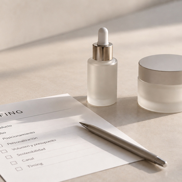 Documento de briefing de packaging cosmético junto a un frasco cuentagotas y un tarro de crema en vidrio mate.