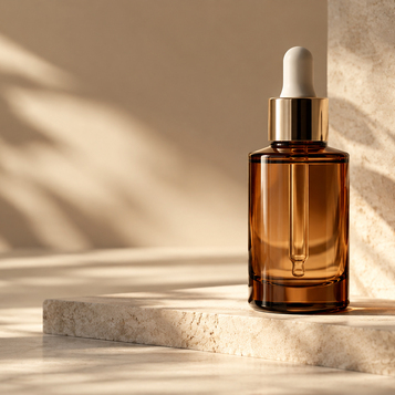 Amber glass dropper bottle on stone protecting sensitive cosmetic formulas