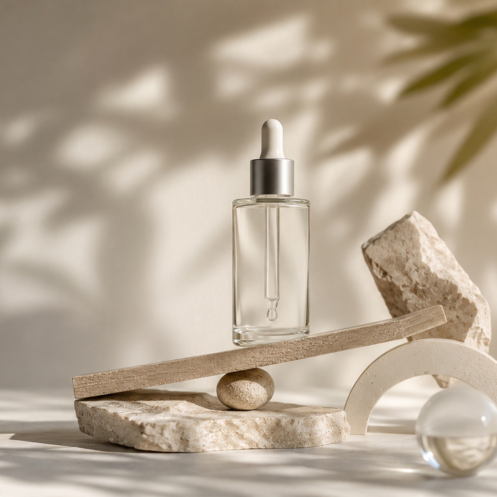 Frasco y tarro de cosmética en vidrio y plástico claro sobre fondo neutro, representación de optimización y reducción de material en packaging.