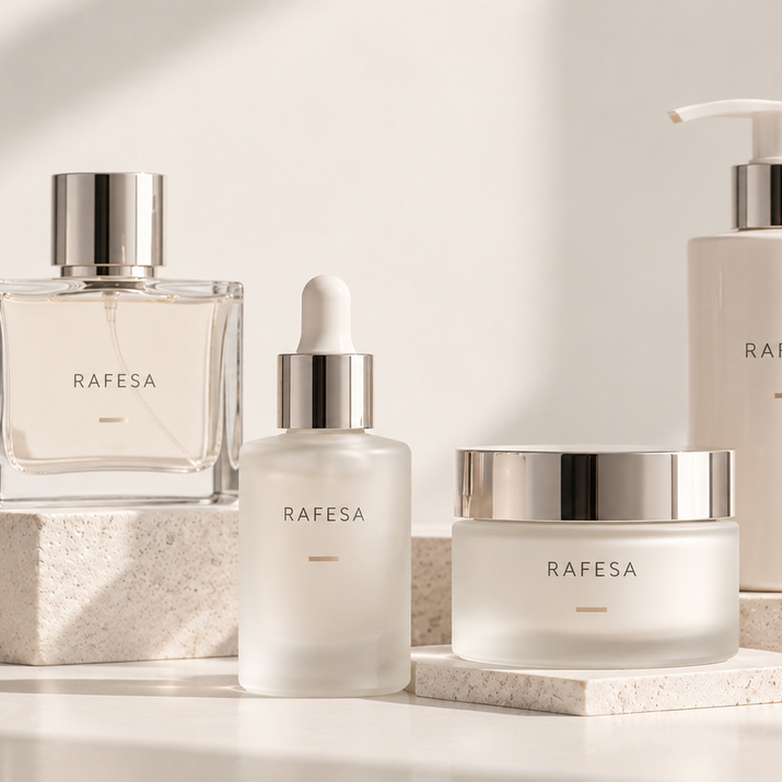 Colección de envases cosméticos a juego de Rafesa con frasco de perfume, sérum con cuentagotas, tarro de crema y botella con bomba dispensadora sobre bloques de piedra.
