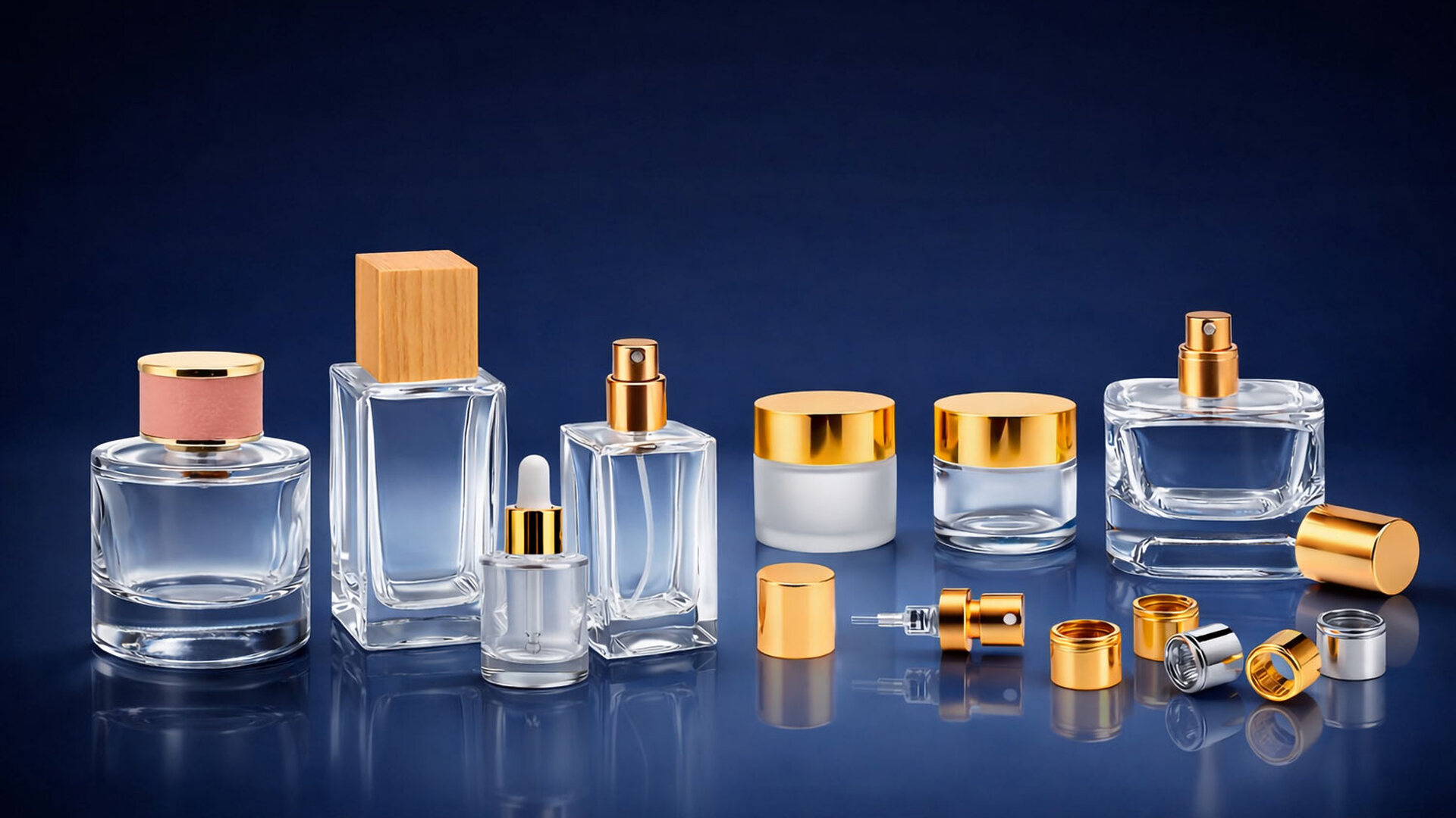 Variedad de envases de vidrio premium para perfumería y cosmética con tapones de madera y acabados dorados de Rafesa.