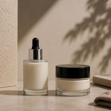Conjunto de packaging premium para cosmética compuesto por un frasco cuentagotas de vidrio transparente con tetina negra y un tarro de crema de vidrio con tapa negra, presentados en un bodegón minimalista con bloques de piedra texturizada y sombras natura