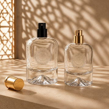 Dos frascos de perfume de vidrio Rafesa con atomizadores negros y dorados, con sombras marroquíes ornamentales de fondo.