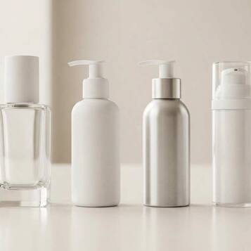 Frascos de perfume y cosméticos de vidrio en una superficie de piedra caliza