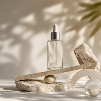 Frasco y tarro de cosmética en vidrio y plástico claro sobre fondo neutro, representación de optimización y reducción de material en packaging.