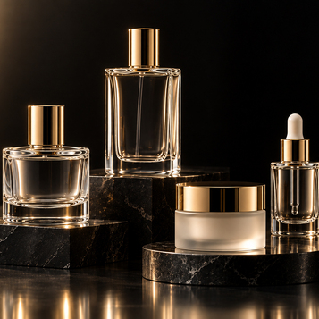 Conjunto de envases de vidrio premium para perfumería y cosmética con acabados dorados sobre peanas de mármol negro.