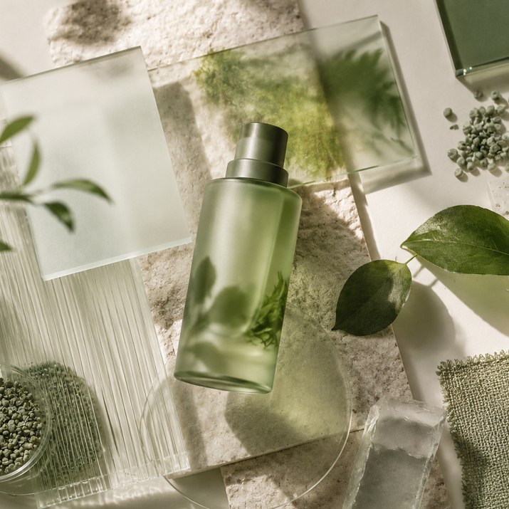 Packaging cosmético sostenible: frasco verde con materiales reciclados y ecodiseño.