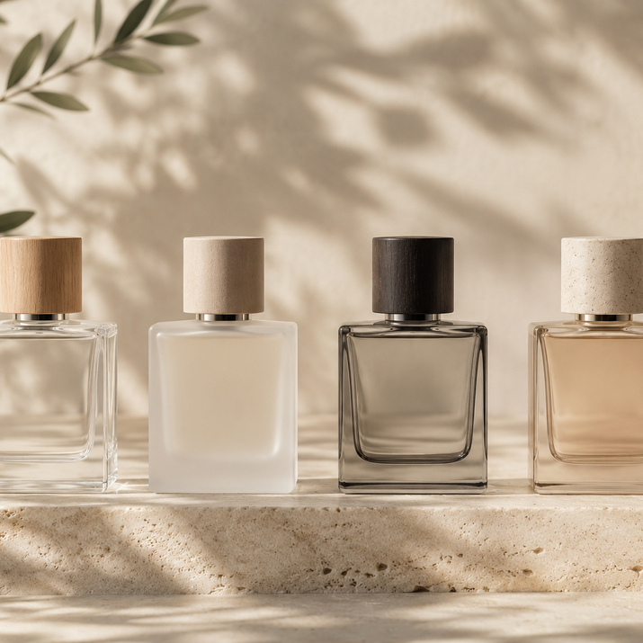 Frascos de perfume de diseño atemporal y geométrico con tapones de madera sobre base de piedra natural.