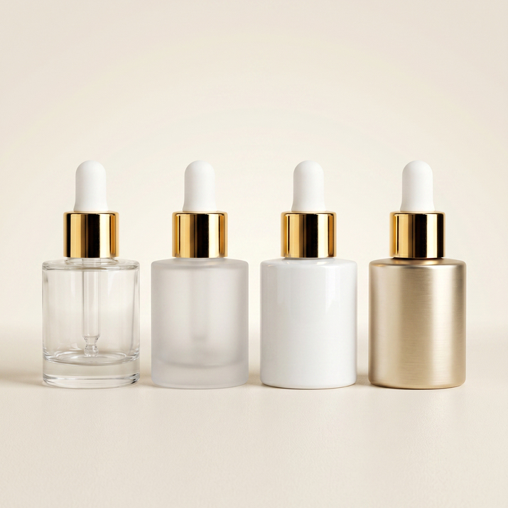 Gamme de flacons et composants d'emballage cosmétique évaluée selon son coût réel de production.