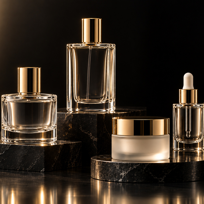 Premium glass perfume bottles, cream jar, and dropper bottle with gold caps on black marble pedestals.