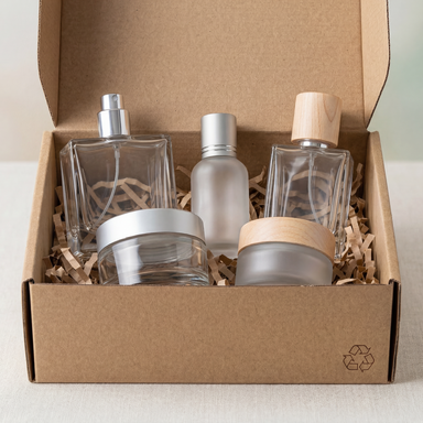 Open kraft shipping box containing glass perfume bottles and cosmetic jars