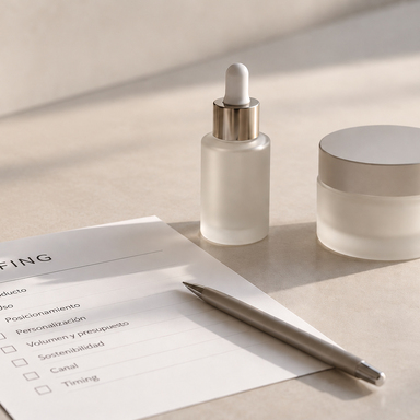 Documento de briefing de packaging cosmético junto a un frasco cuentagotas y un tarro de crema en vidrio mate.